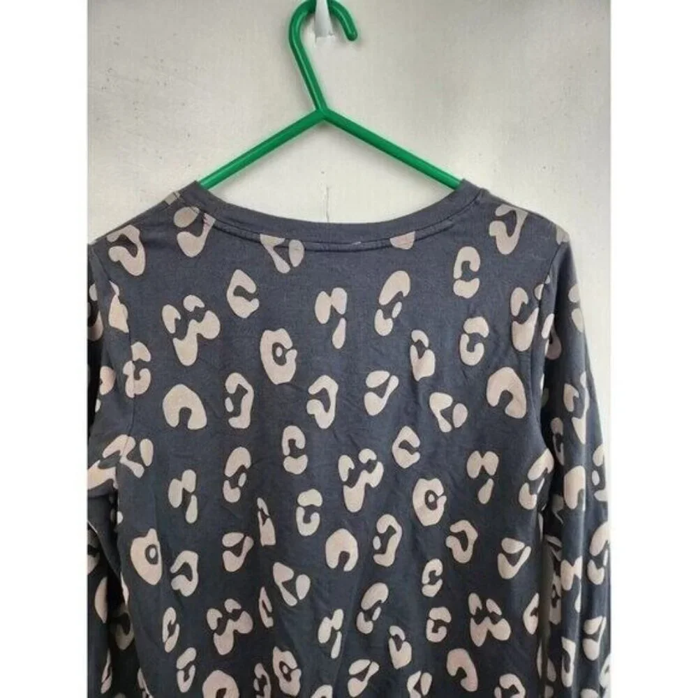 AnyBody Womens Sweatshirt Small Gray‎ Tan French Terry Animal Print Loungewear